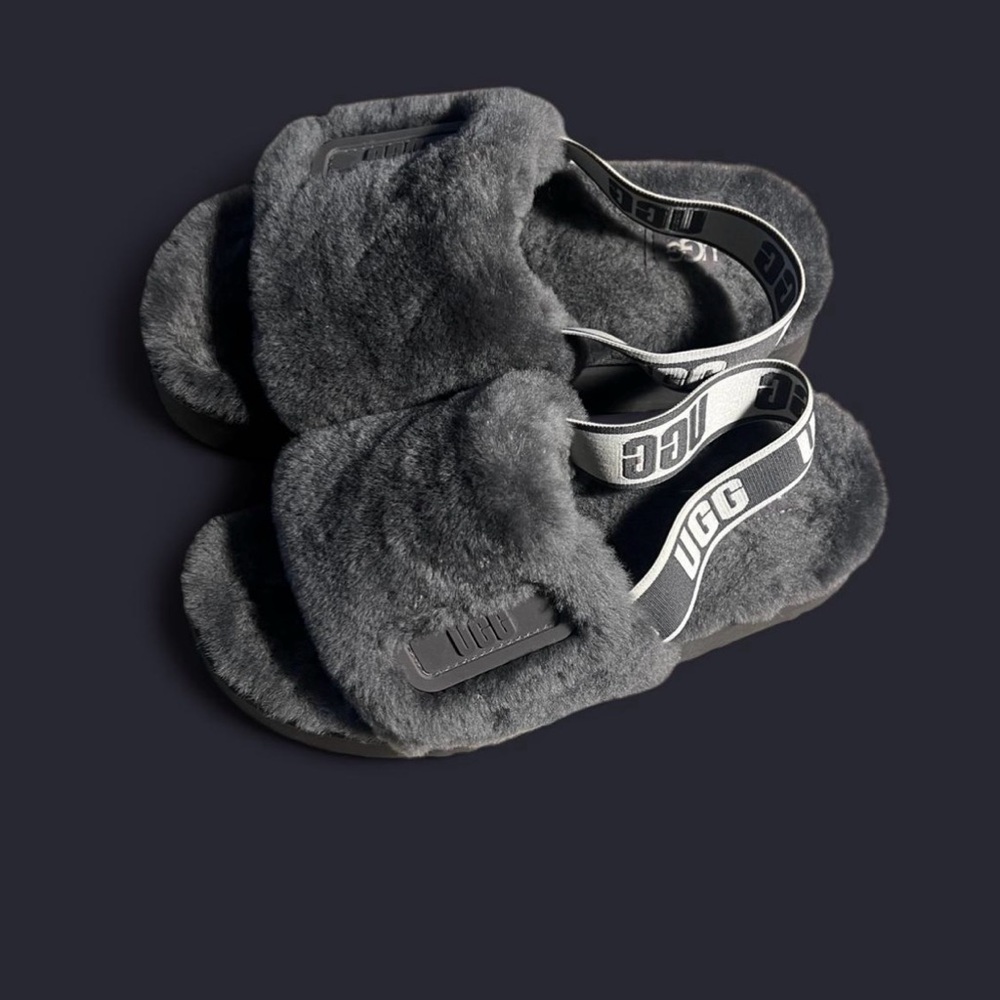 UGG Charcoal Fluffy Slide Sandals
